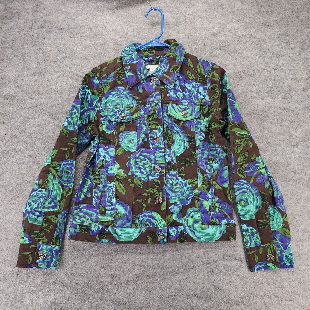 Isaac Mizrahi Live Jacket Womens 4 Button Up Brown Blue Roses